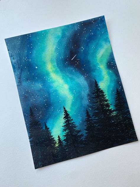 Northen Light Drawing, Easy Poster Colour Paintings, Northern Lights Painting Easy, Northern Lights Drawing, Watercolor Steps, Watercolor Northern Lights, Northern Lights Card, Watercolour Projects, Northern Lights Watercolor