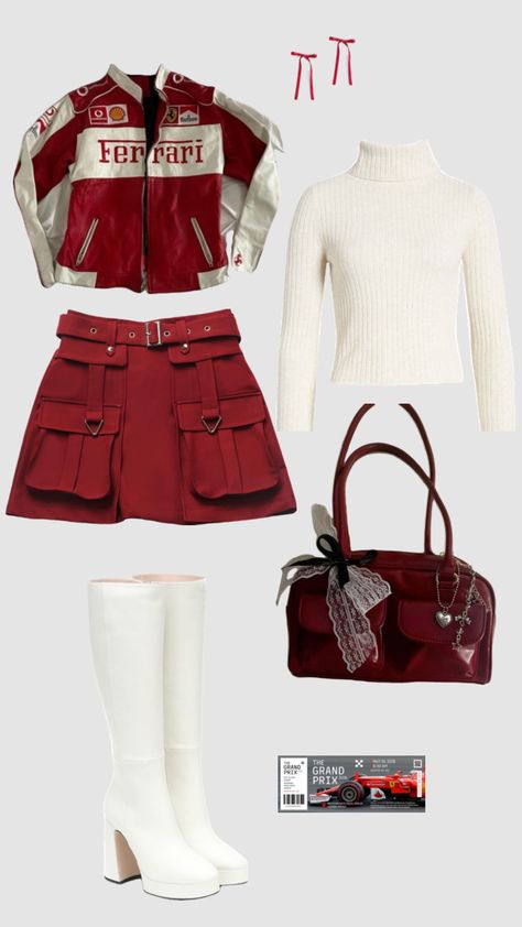 Cute race girl outfit that’ll make Lewis Hamilton fall for u #lewishamilton #race #ferrari #outfit #fitinspo Race Girl Outfit, Ferrari Outfit, Ferrari Girl, Collage Outfits, Outfit Formulas, Stockholm Fashion, Lewis Hamilton, Fancy Outfits, Edgy Outfits