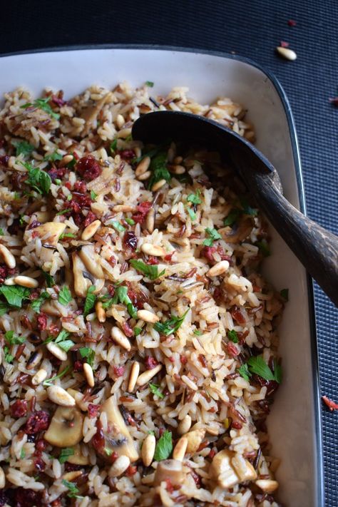 Wild Rice Pilaf with Cranberries and Pine Nuts - Julia's Cuisine Rice Recipes Side Dishes, Wild Rice Recipes Side Dishes, Cranberry Rice, Rice Recipes Side, Fall Sides, Wild Rice Pilaf, Pine Nut Recipes, Thanksgiving Servings, Wild Rice Recipes