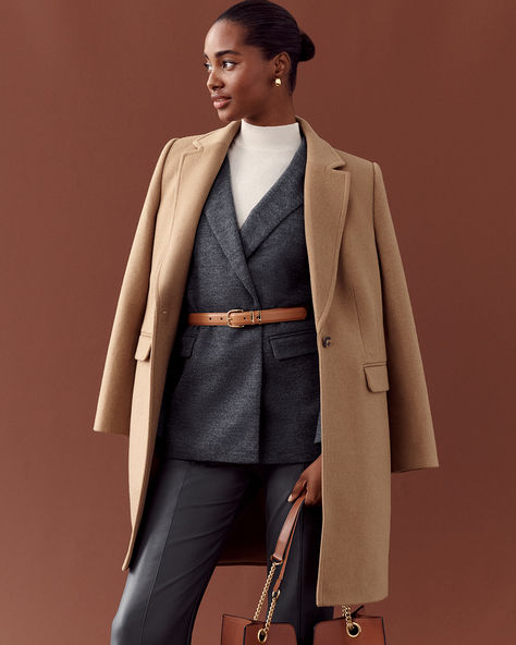 Impeccably tailored, this covetable classic instantly elevates your cool weather wardrobe. Notched lapel. Long sleeves with functional sleeve buttons for added styling options. One-button front. Front flap besom pockets. Back vent. Lined. Outfits for at work. Endless office outfits for your M-F by Ann Taylor. Camel Winter Coat, Ann Taylor Outfit, Chesterfield Coat, Ann Taylor Petite, Business Casual Outfits For Women, Petite Coat, Womens Business Casual, Petite Jacket, Flattering Dresses