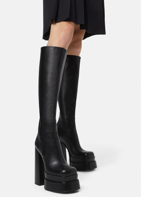 Square Toed Boots, Black Knee Length Boots, Versace Boots, High Quality Boots, Black Chunky Heels, Knee Length Boots, Versace Home, Womens Chunky Heels, Black Shoes Women