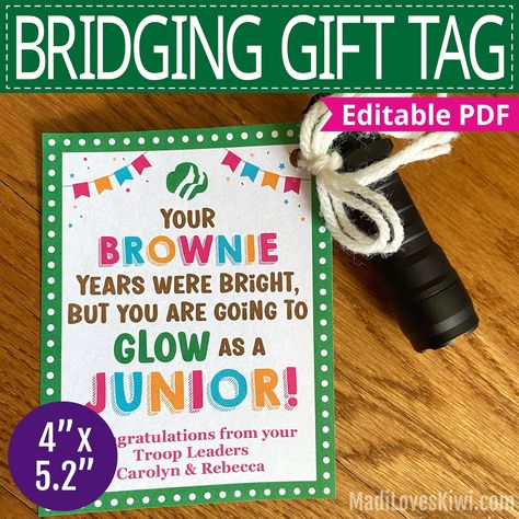 Personalized Girl Scout Bridging Gift Tag Editable Brownie to - Etsy Junior Bridging Gifts, Brownie To Junior Bridging Ceremony, Girl Scout Bridging Ceremony Ideas, Bridging Ceremony Ideas, Girl Scout Bridging Ceremony, Girl Scout Daisy Activities, Bridging Ceremony, Girl Scout Gifts, Girl Scout Bridging