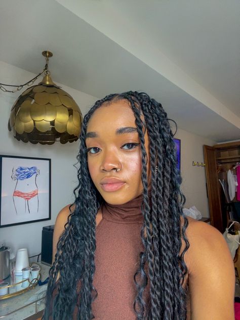 black woman wearing bohemian twists hairstyle Boho Two Strand Twist, Boho Twists With Curls, Sengalese Twists Goddess, Boho Senglanese Twists, Sengelese Twist Boho, Sengalese Twists Curls At The End, Jumbo Senegalese Twist Hairstyles, Boho Rope Twist, Bohemian Senegalese Twist