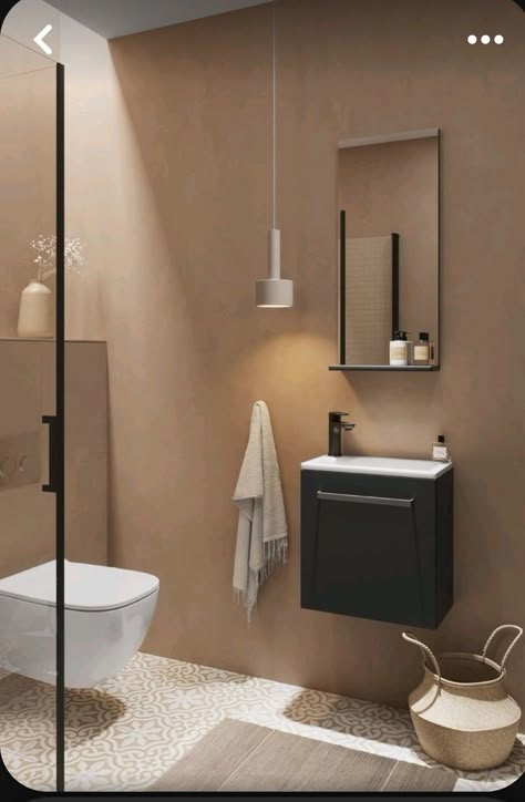 Small Bathroom Ideas Microcement, Beige Cement Bathroom, Beige Toilet Design, Beige Microcement Bathroom, Microcement Bathroom Design, Microcement Toilet, Microcement Bathroom Ideas, Beige Walls Bathroom, Beige Toilet Bathroom Ideas