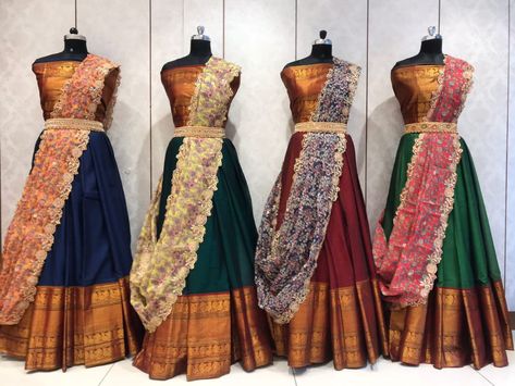 Half Saree Lehenga Narayanpet, Kalamkari Voni Half Saree, Narayanpet Half Saree Designs, Narayanapeta Sarees Blouse Designs, Narayanpet Saree Blouse Designs, Narayanpet Lehangas, Kalamkari Langa Voni, Pattu Lengha, Narayanpet Dresses