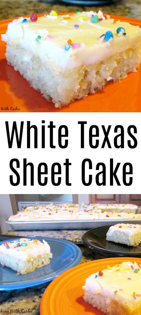 This sheet cake is perfect for feeding a crowd. White cake and white frosting is my dad's favorite combination. It is a quick and easy cake that will be popular at your next BBQ or potluck! White Texas Sheet Cake, Texas Cake, Texas Sheet Cake Recipe, Carrot Fries, Texas Sheet, Texas Sheet Cake, White Cakes, White Frosting, Sheet Cake Recipes