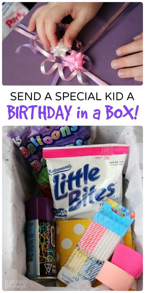 A Birthday in a Box - The perfect DIY Birthday gift to send to that special child you can't see on her Birthday.   #sponsored #LoveLittleBites @Little_bites Diy Snack Boxes Gift Ideas Birthday, Customized Playful Birthday Bracelet, Punch Box Birthday Gift Ideas, Playful Adjustable Bracelets For Birthday Gift, Birthday Box To Send In Mail, Handmade Gifts For Boyfriend, Homemade Gift Baskets, Birthday Traditions, Handmade Birthday Gifts