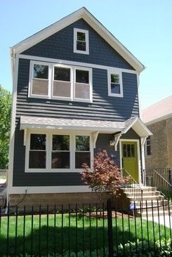 Soooo excited to paint the house... using this as inspiration. Dark blue-gray siding, bright white trim, and a CHARTREUSE door! Blue House Green Door, Black House Green Door, Grey House Green Door, Shaker Shingles, Charcoal Exterior, Dark Grey Houses, Navy Blue Houses, Gray Siding, Dark Blue Houses