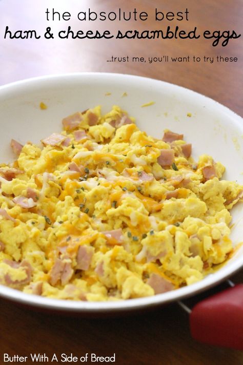 The Best Ham & Cheese Scrambled Eggs - Butter With A Side of Bread Food Spells, Cheese Scrambled Eggs, Early Breakfast, Scrambled Eggs With Cheese, Eggs Scrambled, Ham Breakfast, Scrambled Eggs Recipe, Ham And Eggs, Ham Cheese