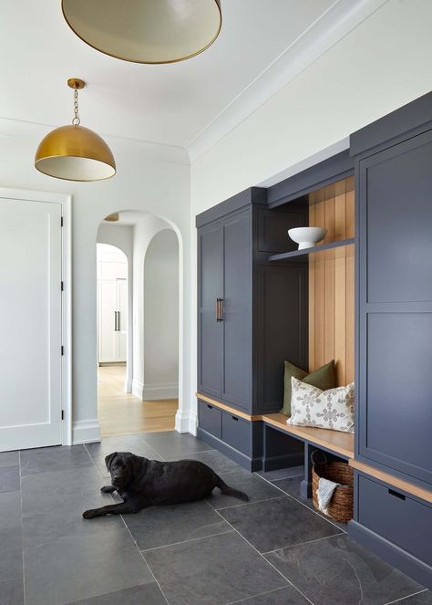 A 100-year-old house in New Jersey gets a timeless and modern renovation Dark Mudroom, Mudroom Floors, Timeless House, Mudroom Flooring, House Renovation Projects, Modern Renovation, Cozy Home Office, Mudroom Design, Exterior Renovation