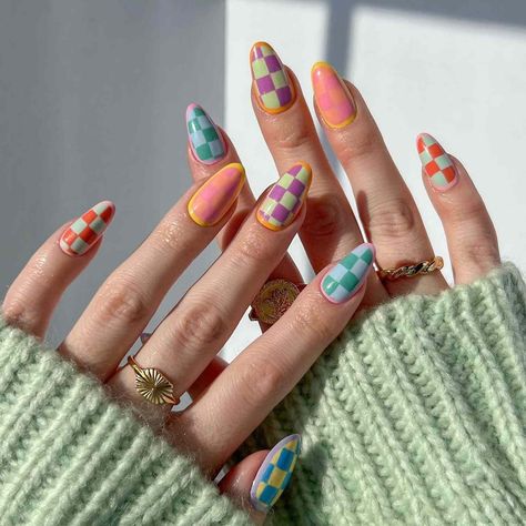 Mix And Match Nail Art, Wavy Checkered Nails, Checker Nail Designs, Checkers Nails, Quilt Nails, Fun Colorful Nails, Checkered Nail Designs, Checker Nails, Wild Nails