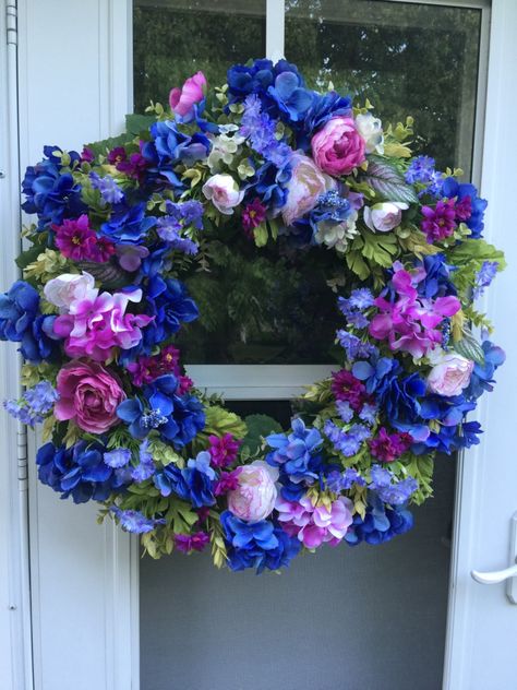 Blue & Purple Hydrangea with Ranunculus 1 Floral Door Wreaths, Straw Wreath, Purple Wreath, Hydrangea Purple, Blue Wreath, Blue Orchids, Green Wreath, Yellow Daisies, Pink Hydrangea