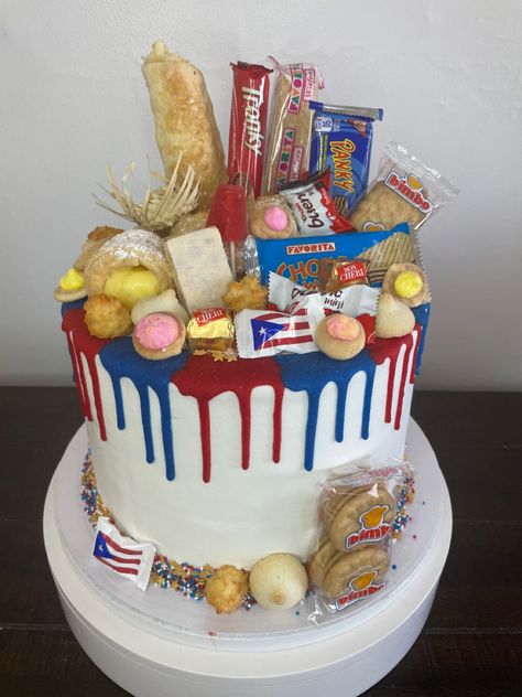 Puerto Rican Candy Cake Puerto Rican Birthday Cake, Puerto Rico Cake Ideas, Puerto Rican Candy, Puerto Rican Cake, Puerto Rican Artwork, Sweet 16 Themes, 12 Birthday, Birthday Inspo, Candy Cake