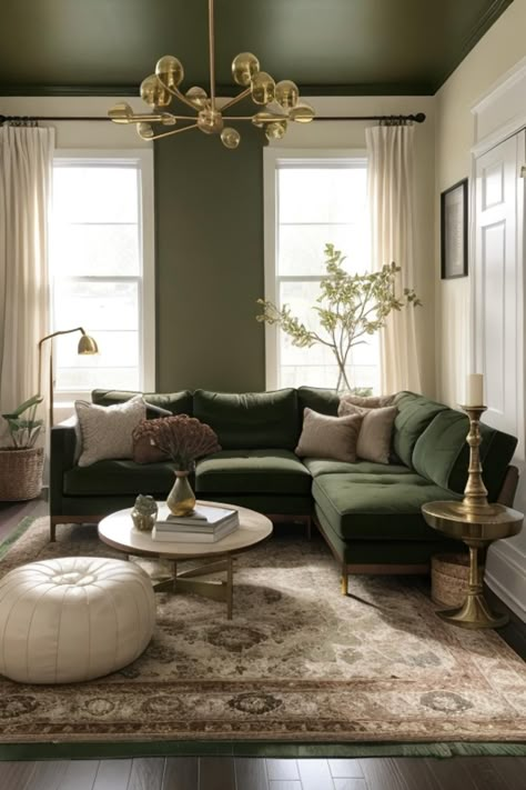 Experiment with this precise design and furniture in your own area using AI HomeDesign with just one click!Green, Living room, Coffee table, Tones, Charms, Dark, Earth, Sage, Brown, Lime, Gold, Monochromatic, Natural, Palette, Colors.#GreenCouch #EarthTones #SageGreen #Monochromatic #NaturalColors #DarkGreen #InteriorDesign #LivingRoom #AIHomeDesign #ColorPalette Green Living Room With Green Sofa, Sage Velvet Sofa Living Room, Dark Green Living Room Furniture, Green And Mahogany Living Room, Dark Brown Leather Couch Green Wall, Green And Beige Living Room Modern, Dark Green And Leather Living Room, Dark Olive Sofa, Brown Leather Sofa Green Walls