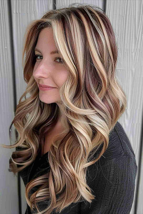 Wavy hair with chunky blonde highlights and lowlights. Ash And Blonde Hair, Fall Hair Colors Chunky Highlights, Long Hair With Highlights And Lowlights, Summer/fall Hair Color, Red Blonde And Brown Highlights, Blonde Hair With Brown And Red Lowlights, Blonde With Maroon Highlights, Multi Dimensional Blonde Highlights, Winter Lowlights For Blondes