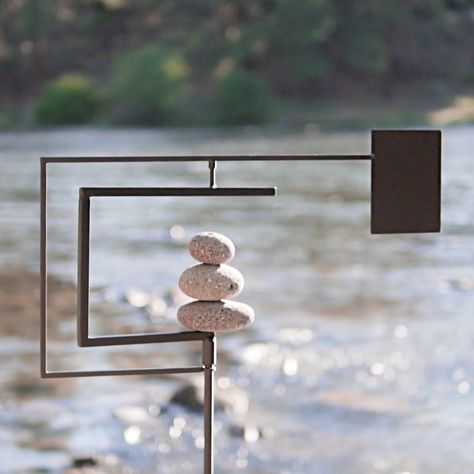 Modern Zen Kinetic Wind Spinner Metal Yard Art Garden Sculpture Outdoor Steel Decor With Rock Cairn by Aura Life - Etsy Kinetic Garden Sculpture, Kinetic Sculpture Diy, Modern Garden Sculpture, Kinetic Wind Art, Kinetic Wind Sculpture, Wind Spinners Diy, Steel Decor, Kinetic Wind Spinners, Spinners Diy