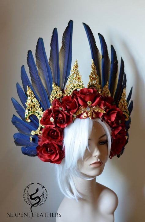 Shop Headdresses on Etsy ::: To request a custom headdress, Contact Ka. ::: Headdress Ideas, Headpiece Diy, Mardi Gras Costumes, Halloween Contacts, Head Hair, Red Hats, Hair Ornaments, Staying In, Costume Design