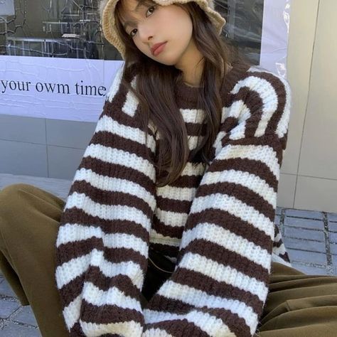 Brown Striped Sweater, Oversize Pullover, Sweater Brown, Girls Stripes, Oversized Pullover, Brown Fabric, Sweaters Online, Other Outfits, Women Sleeve