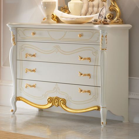 Captivating Gold Leaf And White Ornate Chest Of Drawers and Mirror Set Chest Of Drawers Decor, White Chest Of Drawers, Luxury Bedroom Furniture, Classical Furniture, Bathroom Remodel Pictures, White Chests, Luxury Dining Room, Living Room Design Decor, The Fair