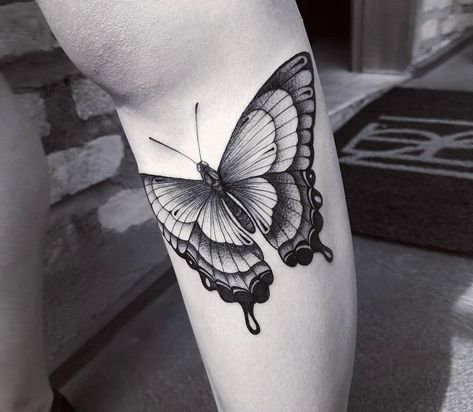 Butterfly Woman Tattoo, Black And Grey Butterfly Tattoo, Black And Grey Butterfly, Moms Tattoo, Tattoo Hummingbird, Unique Animal Tattoos, White Butterfly Tattoo, Butterfly Wing Tattoo, Realistic Butterfly Tattoo