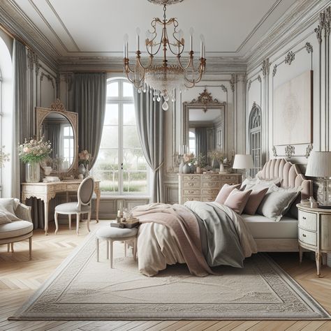 The room should include key elements such as a plush and inviting bed with linen or velvet bedding, an ornate vintage chandelier, and large French windows that let in ample natural light. The color scheme should be a blend of neutral tones with pops of pastel accents. Elegant, distressed furniture, typically found in French interiors, is must. A vintage rug on the floor and a delicate, feminine vanity table would add on to the aesthetic. Use this image as inspiration for a bedroom remodel. Classic Bedrooms Elegant, Castle Guest Bedroom, French House Aesthetic Interior, French Style Dressing Room, French Country Interior Design Bedroom, Bedroom Design Victorian, Country French Interiors, Rich Aesthetic Bedroom, French Chateau Interiors Bedrooms