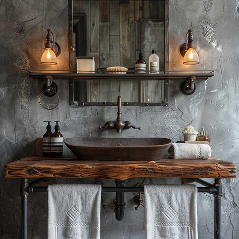 6+ Industrial Master Bathroom Remodel Ideas for Urban Edge • 333+ Art Images Rustic Industrial Bathroom Ideas, Industrial Shower Ideas, Industrial Chic Bathroom, Industrial Bathroom Ideas, Industrial Sink Bathroom, Industrial Modern Bathroom, Rock Bathroom, Concrete Elements, Western Bathrooms