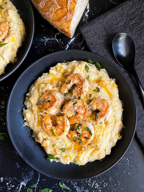 Spicy Shrimp with Creamy Cajun Polenta Recipe Shrimp With Polenta Recipes, Shrimp And Polenta Recipes, Shrimp With Polenta, Cheesy Polenta And Shrimp, Shrimp Polenta, Spicy Shrimp And Grits, Shrimp And Polenta, Instant Polenta, Cajun Shrimp And Grits