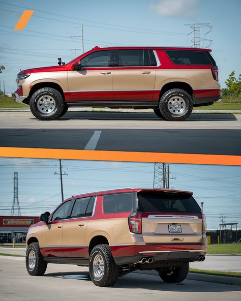 Take notes, GM. This custom builder in Texas has figured something out with this retro-themed 2024 Chevrolet Suburban.⁠ ⁠ Paxpower’s Suburban �“Jackal” fuses the performance of a modern Chevy with the classic looks of one of its best generations—even down to the SUV’s hood ornament borrowed from the Chevy C/K Series.⁠ ⁠ The custom build starts with a 2024 Chevy Suburban High Country and adds a gold vinyl wrap around the body of the SUV just below the belt line. It keeps the retro theme going w... 2023 Chevy Suburban High Country, Chevy Suburban Custom, Blacked Out Suburban, Lowered Suburban, Chevy Suburban High Country, Gold Vinyl, Retro Theme, Chevy Suburban, Hood Ornaments