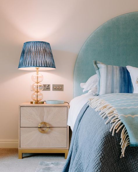 Coastal Master Bed, Coastal Bedside Table, Blue Bedroom Ideas, Headboard Shapes, All The Elements, Blue Bedroom Decor, Curved Headboard, Bedroom Furniture Design, Master Bedding