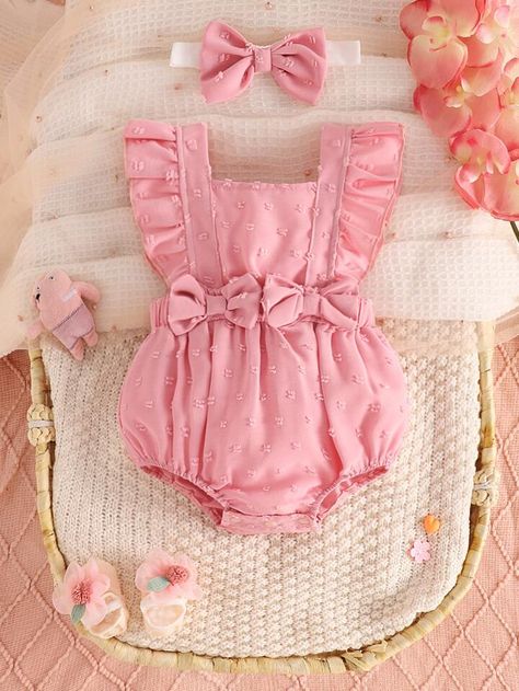 Free Returns ✓ Free Shipping✓. Baby Swiss Dot Ruffle Trim Bow Front Overall Bodysuit- Baby Girls Bodysuits at SHEIN. Baby Clothes Pink, Cute Newborn Baby Girl Outfits, Baby Easter Outfit Girl, Baby Girl Newborn Outfits, Cute Newborn Outfits, Pink Baby Clothes, Baby Pink Clothes, Cool Baby Clothes