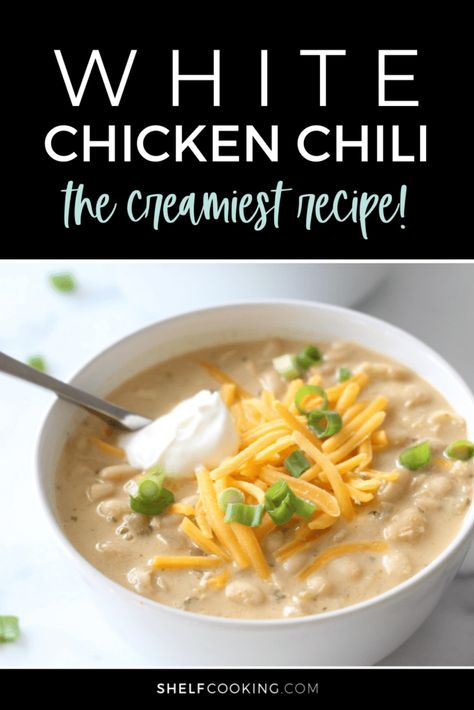 White Chicken Chilli, White Chile, Shelf Cooking, Costco Rotisserie Chicken, White Chicken Chili Recipe, Creamy White Chicken Chili, Potato Soup Crock Pot, Cooked Chicken Recipes, White Chili