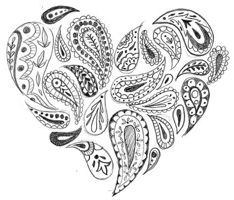 Paisley Drawing, Paisley Coloring Pages, Paisley Heart, Batik Diy, Paisley Doodle, Paisley Color, Heart Coloring Pages, Paisley Art, Heart Tattoo Designs