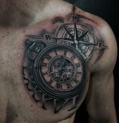 Compass Tattoo Design Chest, Clock With Compass Tattoo Design, Clock And Compass Tattoo For Men, Clock Chest Tattoo For Men, Clock Sleeve Tattoos For Guys, Chest And Shoulder Tattoo For Men, Compass Clock Tattoo Design, Chest Tattoo Clock, Chest Tattoo Compass