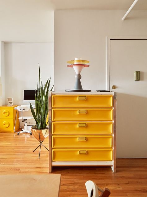 Williamsburg Brooklyn Apartment, Williamsburg Apartment, Yellow Dresser, Metal Pegboard, Brooklyn Apartment, Hand Pillow, Williamsburg Brooklyn, Small Closet Organization, Vintage Dressers