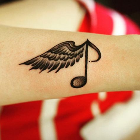 Music Wings Tattoo, Music Note Collar Bone Tattoo, Music Note Forearm Tattoo, Music Wrist Tattoos, Guitar With Angel Wings Tattoo, Music Note Angel Wing Tattoo, Tattoo Special, J Tattoo, Baby Tattoo Designs