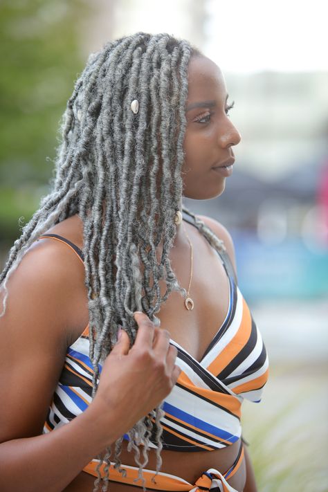 Gray Faux Locs Black Women, Grey Faux Locs Black Women, Grey Dreadlocks Black Women, Gray Braids For Black Women, Gray Locs Black Women, Grey Locs Black Women, Gray Faux Locs, Grey Hair Locs, Grey Dreadlocks