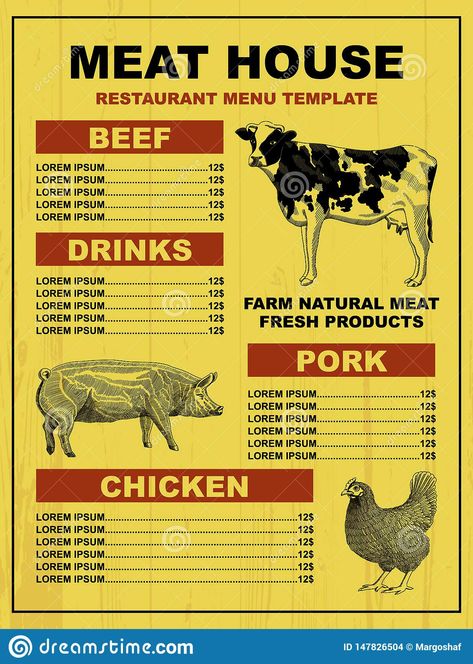 Illustration about Meat house restaurant menu price template for meat dishes. Vector sketch design with cow, pig and hen illustration. Illustration of design, market, chicken - 147826504 Hen Illustration, Meat House, Pig Meat, Meat Restaurant, Meat Markets, Meat Shop, Restaurant Menu Template, Design Market, Info Design