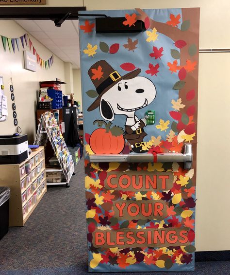 Snoopy! Fall door decor! Count your Blessings Charlie Brown Thanksgiving Door Decorations, Snoopy Fall Classroom Door, Snoopy Thanksgiving Classroom Door, Snoopy Thanksgiving Bulletin Board, Door Decoration Thanksgiving, Snoopy Fall Decor, Thanksgiving Teacher Door, Snoopy Fall Bulletin Board Ideas, Charlie Brown Fall Bulletin Board