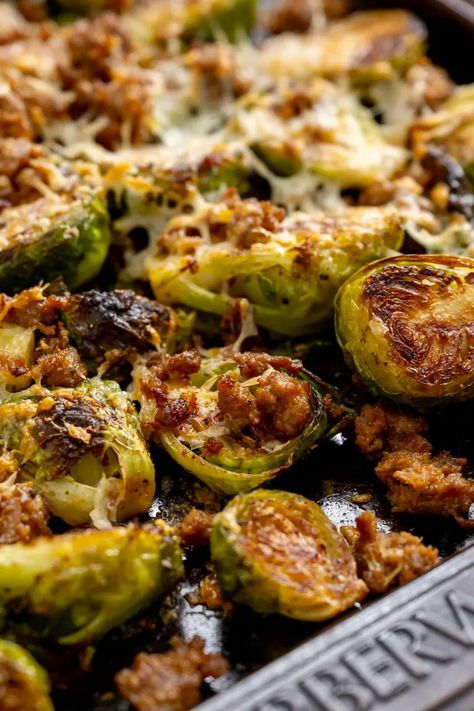 Chorizo sausage and Manchego cheese give roasted Brussel sprouts a Spanish-style upgrade for a crowd-pleasing tapa or hearty side dish. The loaded sprouts are hearty enough that sometimes I even serve them as a main dish with a salad or side of rice. Chorizo Recipes Appetizers, Chorizo Appetizer, Chorizo Recipes, Manchego Cheese, Salad Mixed Greens, Chorizo Sausage, Roasted Brussel, Roasted Brussels Sprouts, Cauliflower Bites