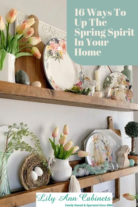 Spring Kitchen Shelf Decor, Shabby Chic Shelf Decor, Easter Shelf Decor Ideas, Spring Hutch Decorating Ideas, Spring Shelf Decor Ideas, Spring Hutch Decor, Easter Shelf Decor, Easter Hutch Decor, Styling Kitchen Shelves