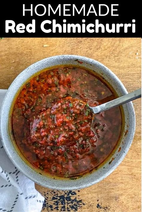 In this Red Chimichurri Sauce Recipe (or Chimichurri Rojo), we use the base of a typical chimichurri and add some fun extra elements to make it red! Flavored with roasted bell peppers and paprika, you are going to love the fun flavors this recipe brings to dinner. Red Pepper Chimichurri Sauce, Chimmy Churry Recipe, Red Chimichurri Sauce Argentina, Spicy Chimichurri Sauce, Wasakaka Sauce Recipe, Chimmi Churri Sauce Recipe, Chimichurri Sauce Argentina, Red Chimichurri Sauce, Chimichurri Recipes