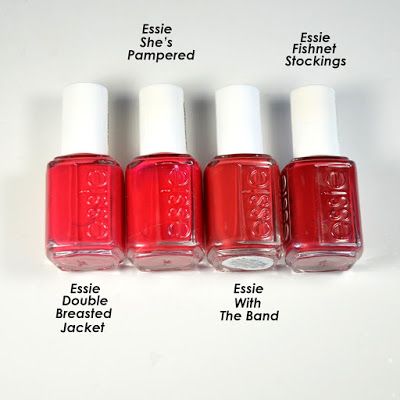 Red polish comparisons. Essie She's Pampered, Essie Double Breasted Jacket, Essie With The Band and Essie Fishnet Stockings. @gopolished Essie Red Nail Polish, Fall Polish, Essie Polish, Red Polish, Essie Gel, Red Nail Polish, Bookish Things, Essie Nail Polish, Get Nails