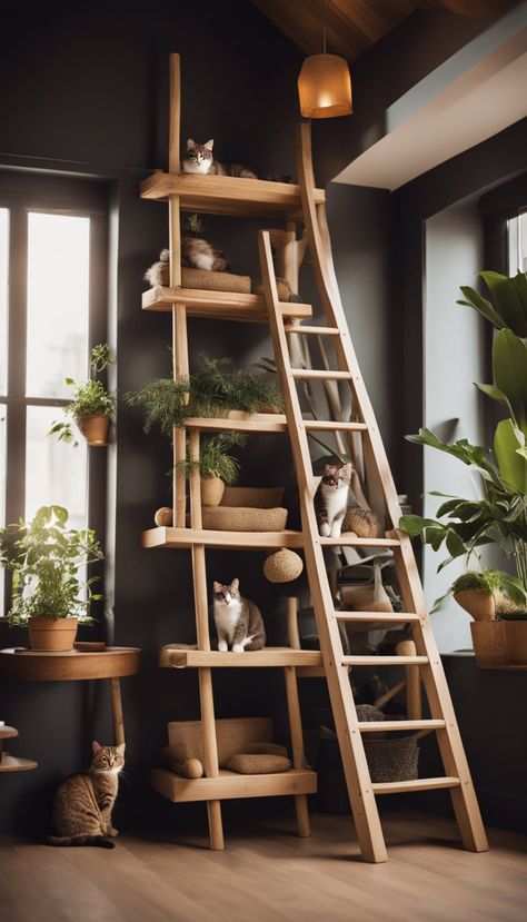 101 DIY Cat Tree House Ideas (Easy & Fast) - Petsmond Cat Jungle Gym, Tree House Ideas, Cat Tree House, Diy Cat Tree, Vintage Ladder, Hidden Bed, Cat House Diy, Hanging Bed, Sisal Rope