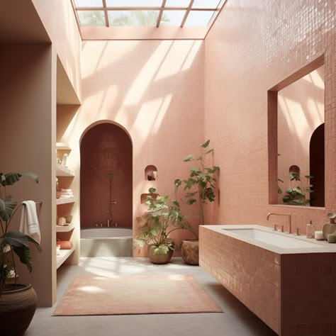 Pink Spa Bathroom, Moroccan Bathhouse, Morocco Riad, Feminine Interior Design, Pink Tub, Sauna Shower, Wash Room, Concrete Bathroom, Stunning Bathrooms