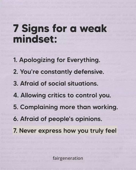 🛑 7 signs for a weak mindset #inspiration #fairgeneration #succes #tips #goodenergy #greatness Weak Mindset, Mindset Inspiration, Good Energy, Signs, Feelings, Quick Saves