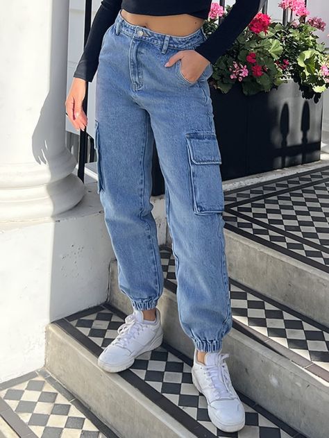 Elastic Jeans Outfit, Denim Cargo Joggers Outfit, Joggers Pants Outfit Women, Cargo Jeans For Women, Joggers Jeans Outfit Women, Denim Joggers Outfit Women, Jean Jogger Outfits Women, Jogger Jeans Outfit Women Denim, Jean Joggers Outfit