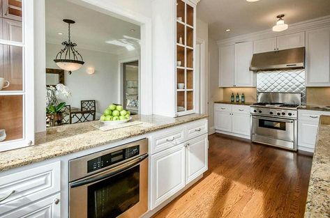 Kitchen peninsula with pass through window to dining room Kitchen Pass Through To Dining Room, Pass Through Window Kitchen To Living, Kitchen Pass Through Ideas, Kitchen Pass Through Window, Pass Through Kitchen, Kitchen Pass Through, Kitchen Pass, Kitchen Soffit, Pass Through Window