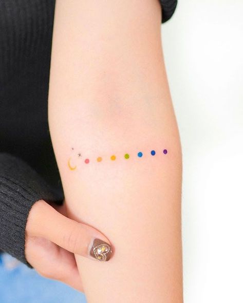 Moon and stars rainbow dot tattoo by @thedayafter_tat2 Pride Dot Tattoo, Colorful Dots Tattoo, Colored Dots Tattoo, Chakra Moon Phases Tattoo, Rainbow Moon Tattoo, Rainbow Circle Tattoo, Dot To Dot Tattoo, Rainbow Dot Tattoo, Rainbow Dots Tattoo