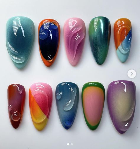 Nail Designs Multi Color, Multicolour Nails, Cute Press On Nails, Nails Funky, Water Drop Design, Funky Nail Designs, Classy Nail, Funky Nail Art, Airbrush Nails