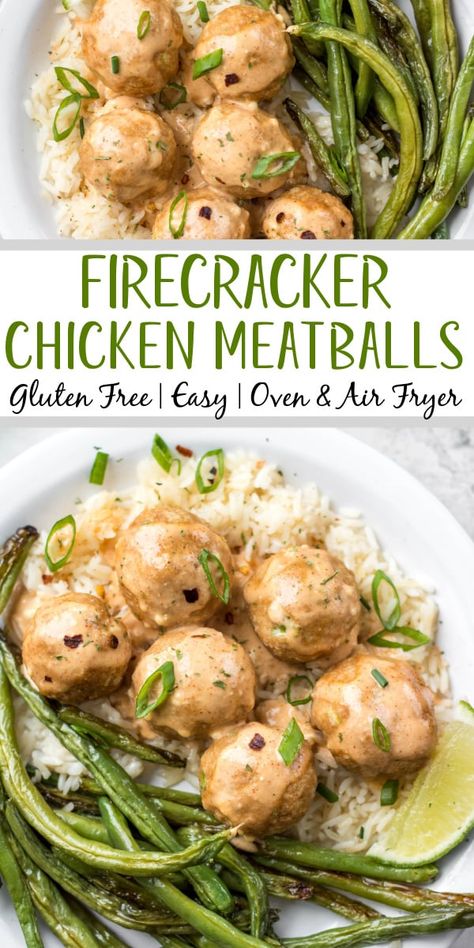 These easy firecracker meatballs are a quick family friendly recipe to prepare for a weeknight dinner. They make a great meal prep recipe and have both oven and air fryer instructions. Done in under 20 minutes, made with ground chicken and a sweet but spicy firecracker sauce, these meatballs will be on your meal plan again and again! Plus they are gluten-free, low carb and can easily be made dairy-free! #firecrackermeatballs #chickenmeatballs Healthy Family Dinners Gluten Free, Healthy Dairy Free Recipes Lunch, Ground Turkey Recipes No Dairy, Family Friendly Macro Meals, Macro Friendly Meatball Recipes, Ground Chicken Recipes Air Fryer, Macro Friendly Meatballs, Gut Friendly Dinner Recipes, Gluten Free Dairy Free Meal Prep